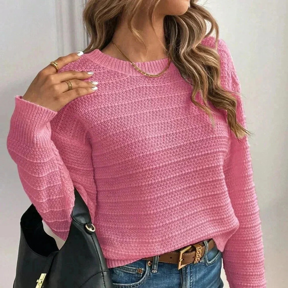 Hot Pink Casual Women's Minimalist Bow Decor Crew Neck Sweater - Picture 4 of 6